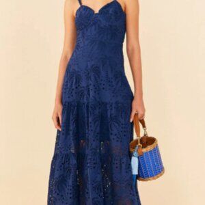 FARM Rio - Palm Tree Richelieu Lace Sweetheart Midi Dress - Small - Deep Blue